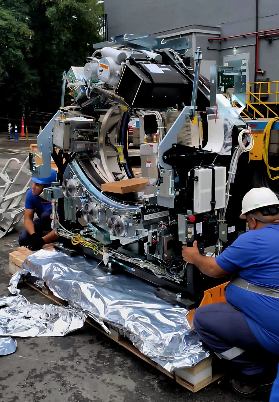 Gantry de equipamento de imagem desembalado, sendo preparado para içamento